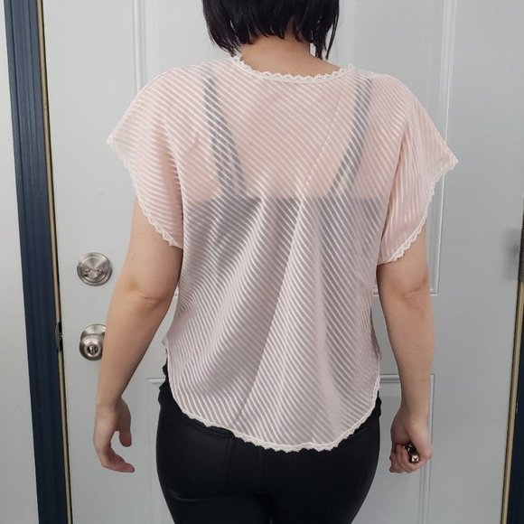 70s/80s‎ Sheer Pink Striped Sleep Shirt - Picture 3 of 4